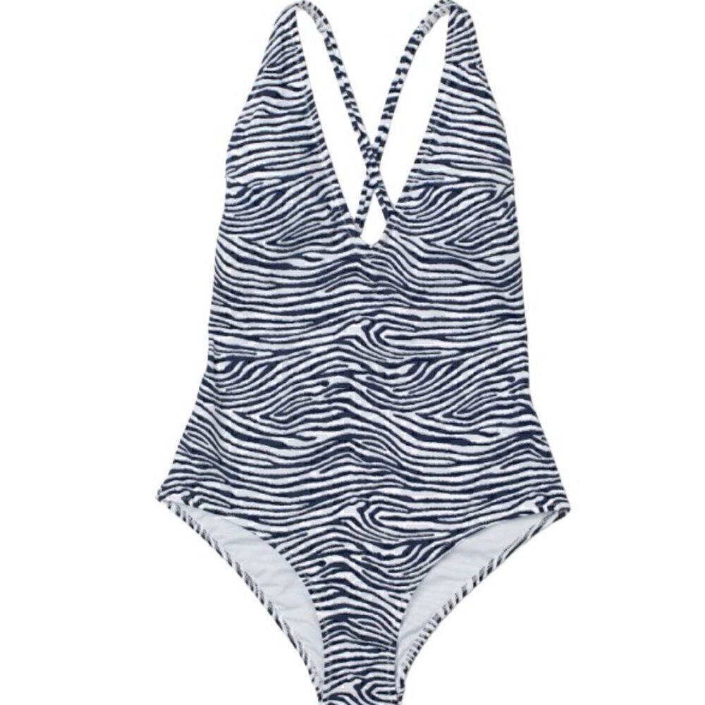 H&M One Piece Swimsuit Dark Blue Zebra Print Cross Back Size 8
